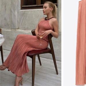 Zara wood appliqué pleated halter dress NWT